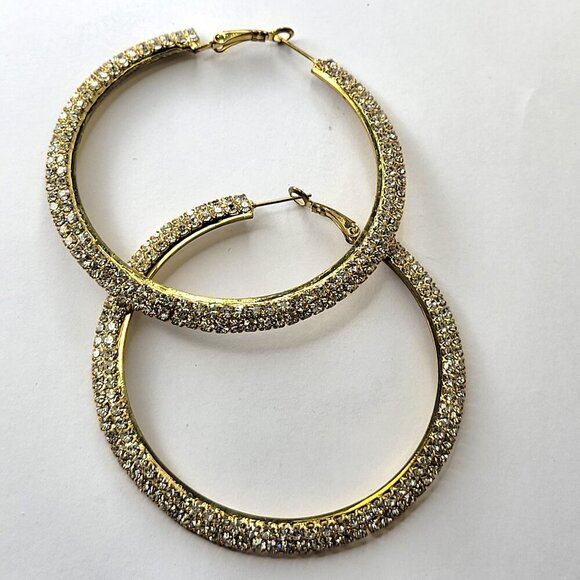 Gold Tone Hoop Crystal Encrusted Hoop Earrings - Picture 2 of 6